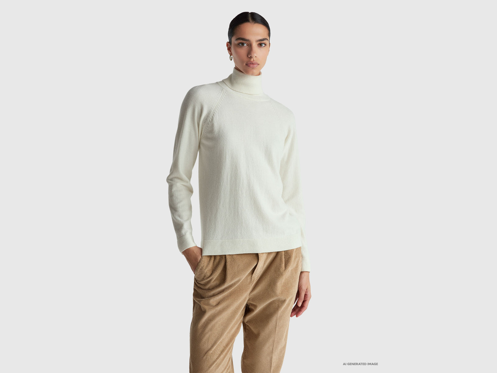 Camisola de gola alta nata em mistura de lã e caxemira. - ucb_image_F