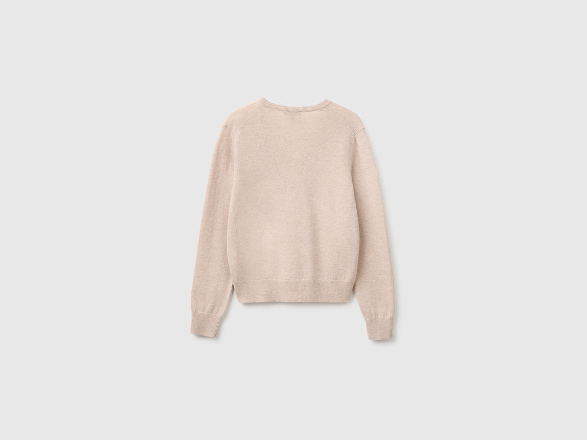 Camisola decote em V bege em pura lã Merino - ucb_image_BS