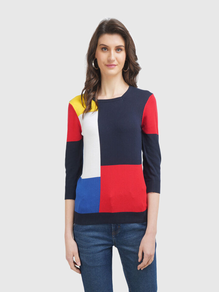 3/4th Half Sleeve Square Neck Color Block Tricot