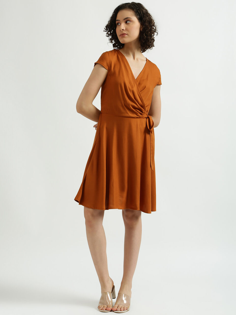 Short Sleeve Solid Wrap Dress image number null