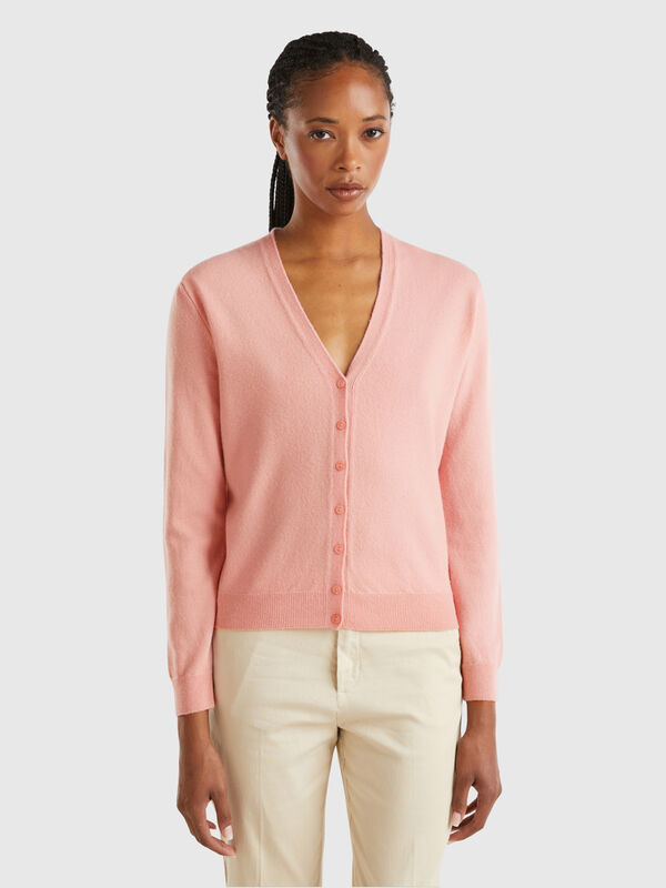 Pink V-neck cardigan in pure Merino wool Women