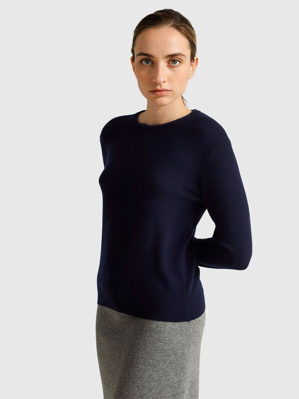 Dark blue crew neck sweater in pure Merino wool Women