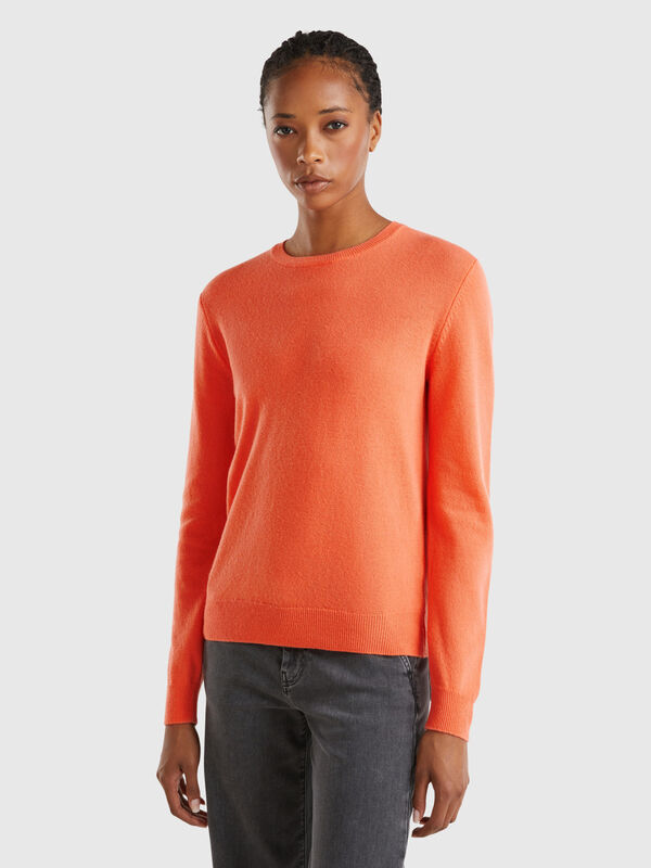 Coral red crew neck sweater in pure Merino wool Women