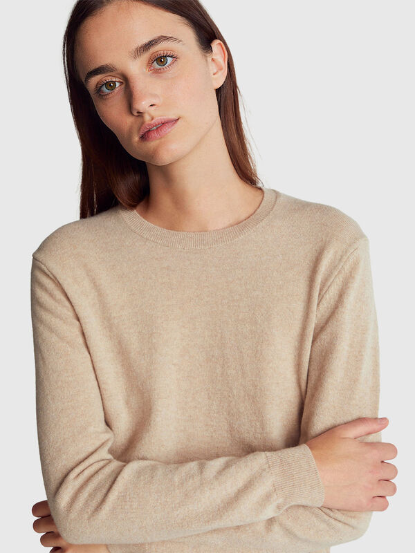 Beige crew neck sweater in pure Merino wool Women
