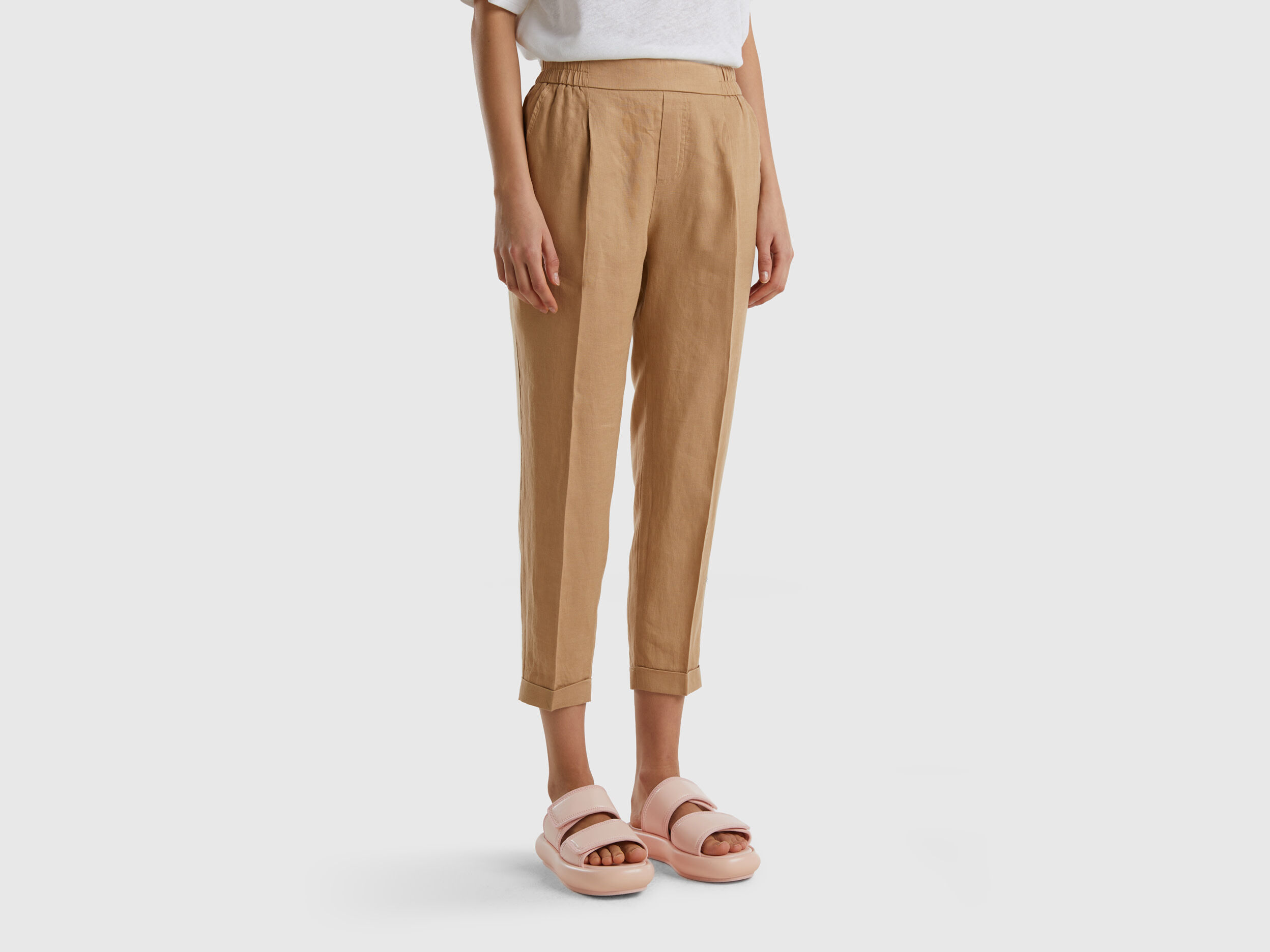 Cream linen cropped trousers cheap