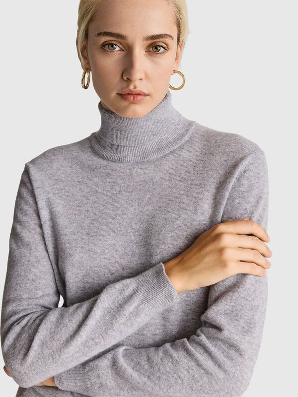 Marl gray turtleneck sweater in pure Merino wool Women
