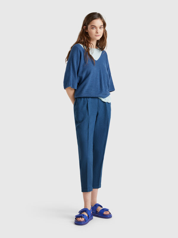 Cropped trousers in 100% linen Women