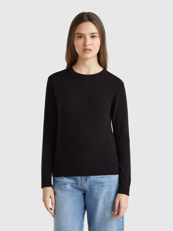 Black crew neck sweater in Merino wool Women