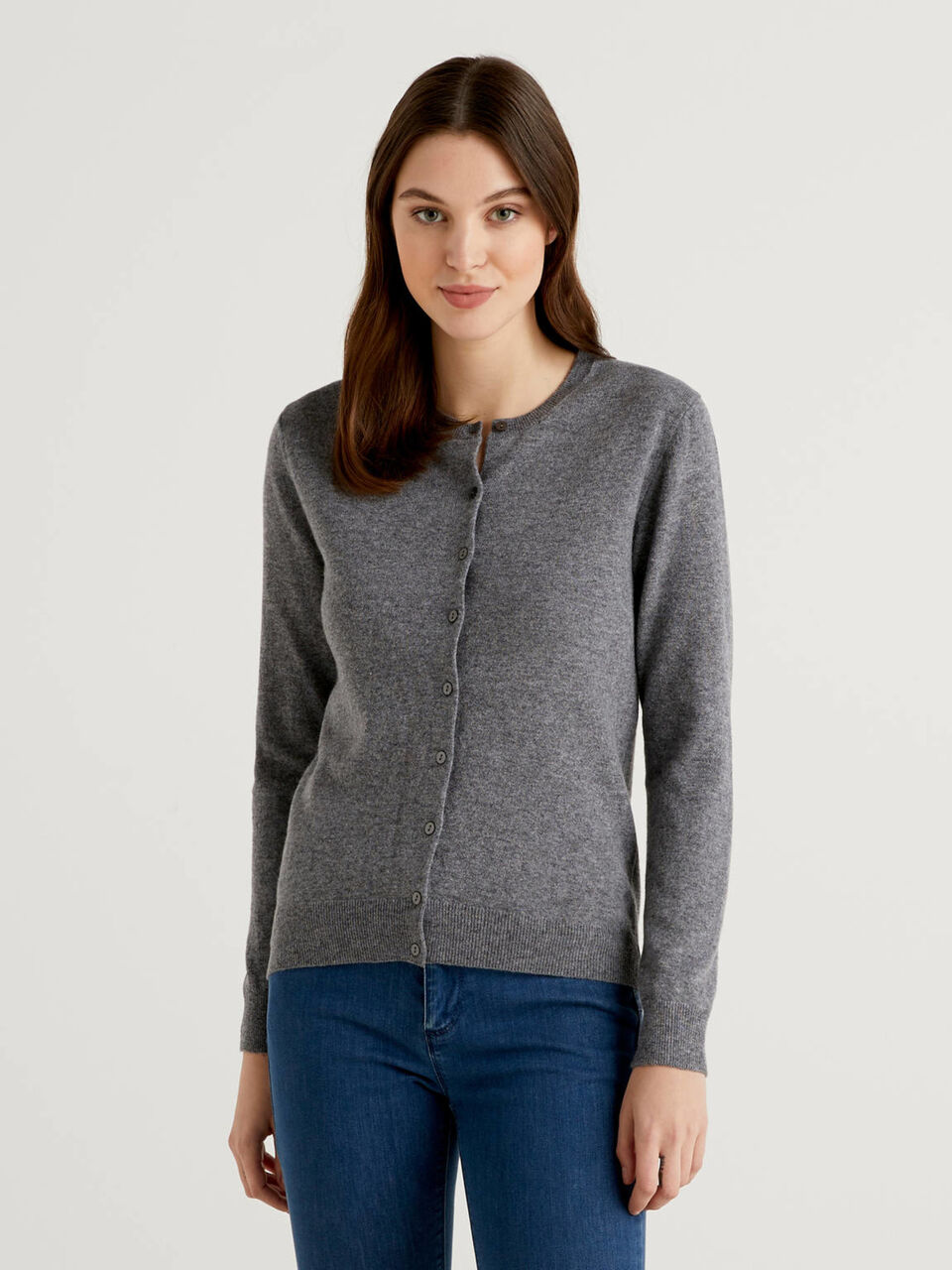 grey crew neck cardigan