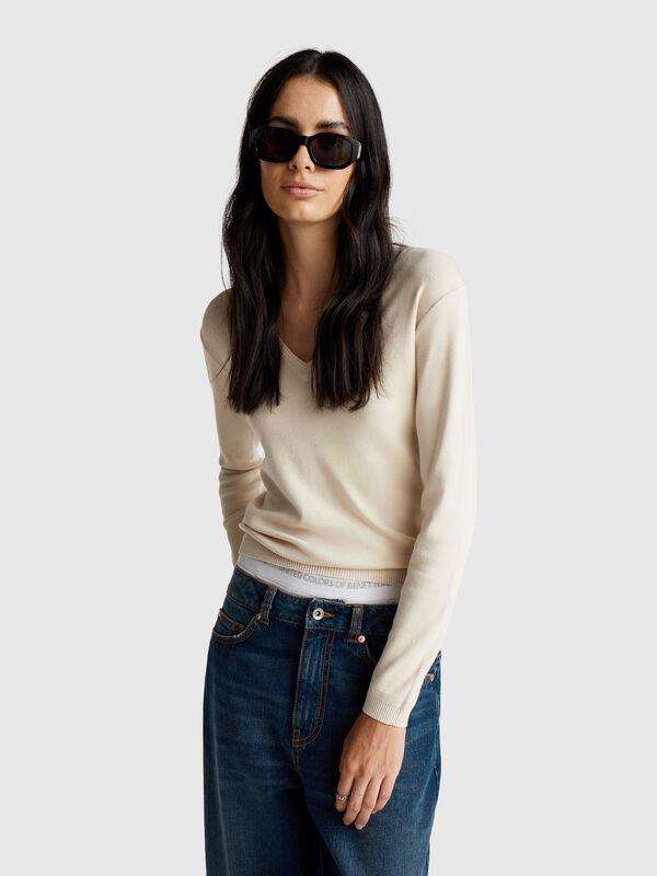 Sweater with V-neck in pure cotton Women