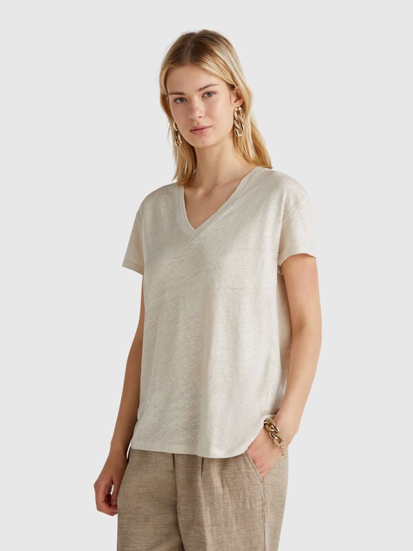 V-neck t-shirt in pure linen Women
