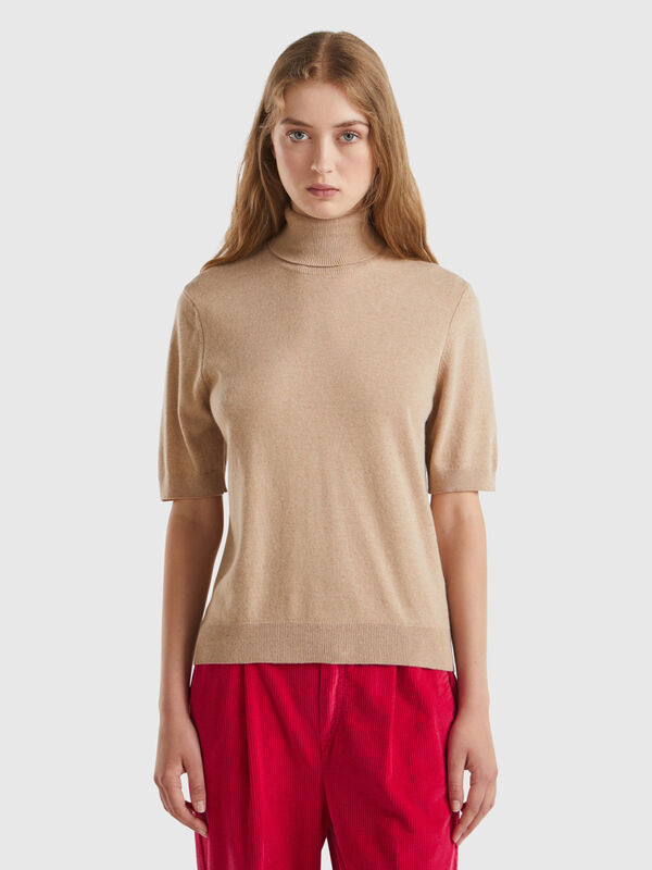 Camel short sleeve turtleneck in cashmere blend Women