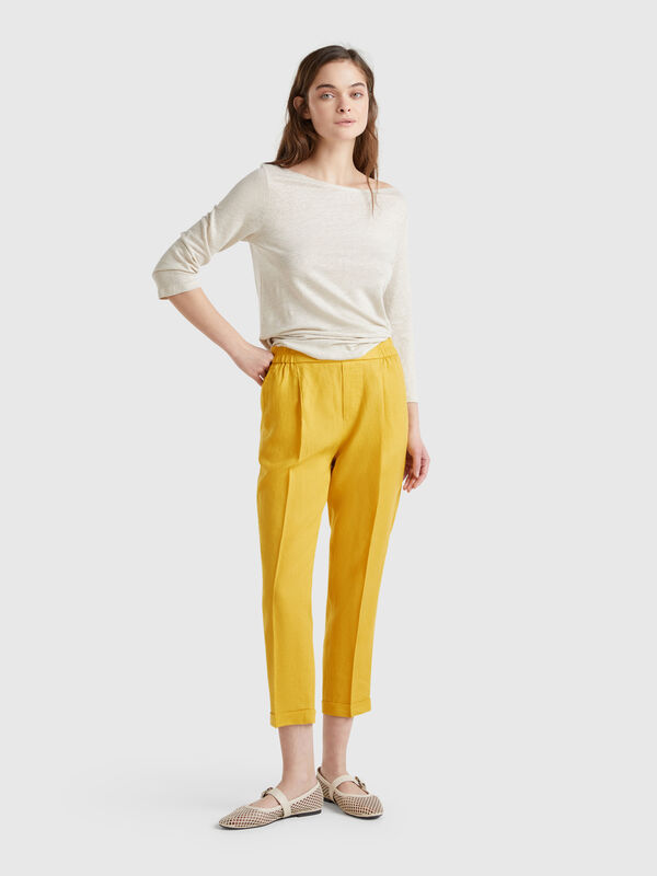 Cropped trousers in 100% linen Women