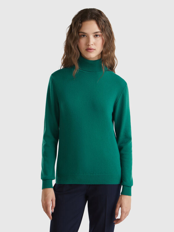 Forest green turtleneck sweater in pure Merino wool Women