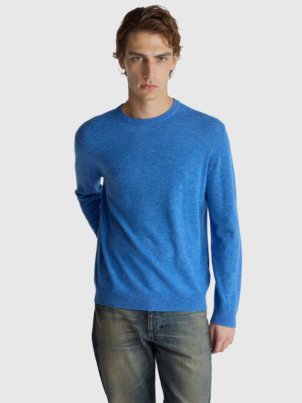 Marl blue crew neck sweater in pure Merino wool Men