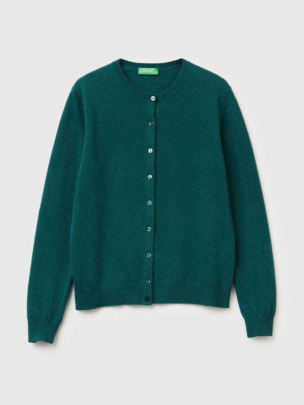 Green crew neck cardigan in pure Merino wool Women