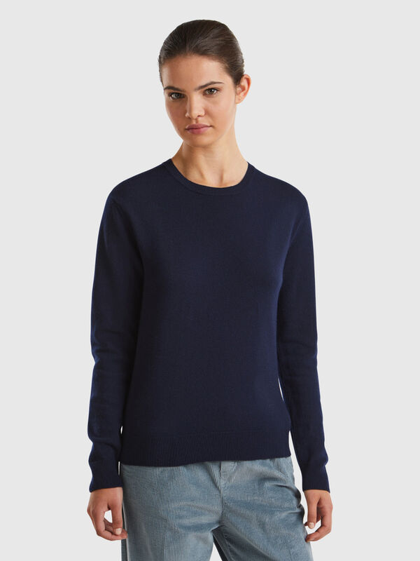 Dark blue crew neck sweater in Merino wool Women